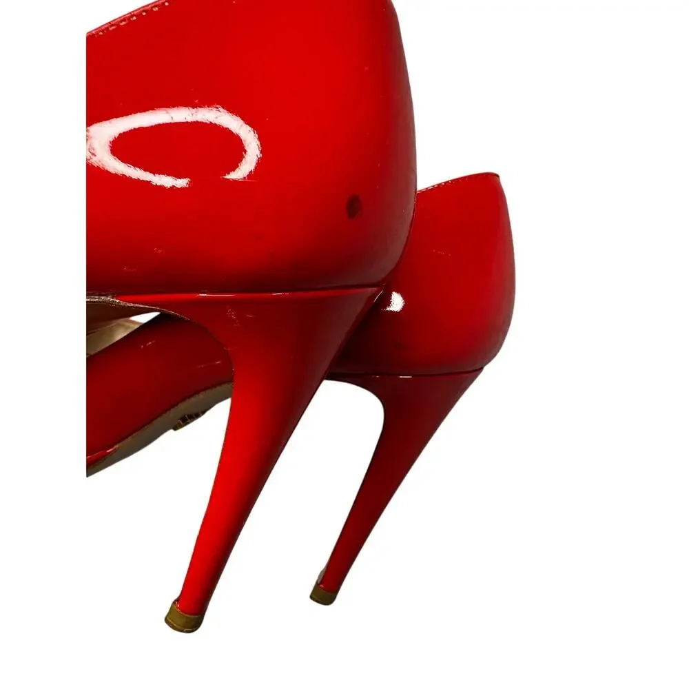 Prada Peep Toe Platform Pumps Red Patent Leather High Stiletto
